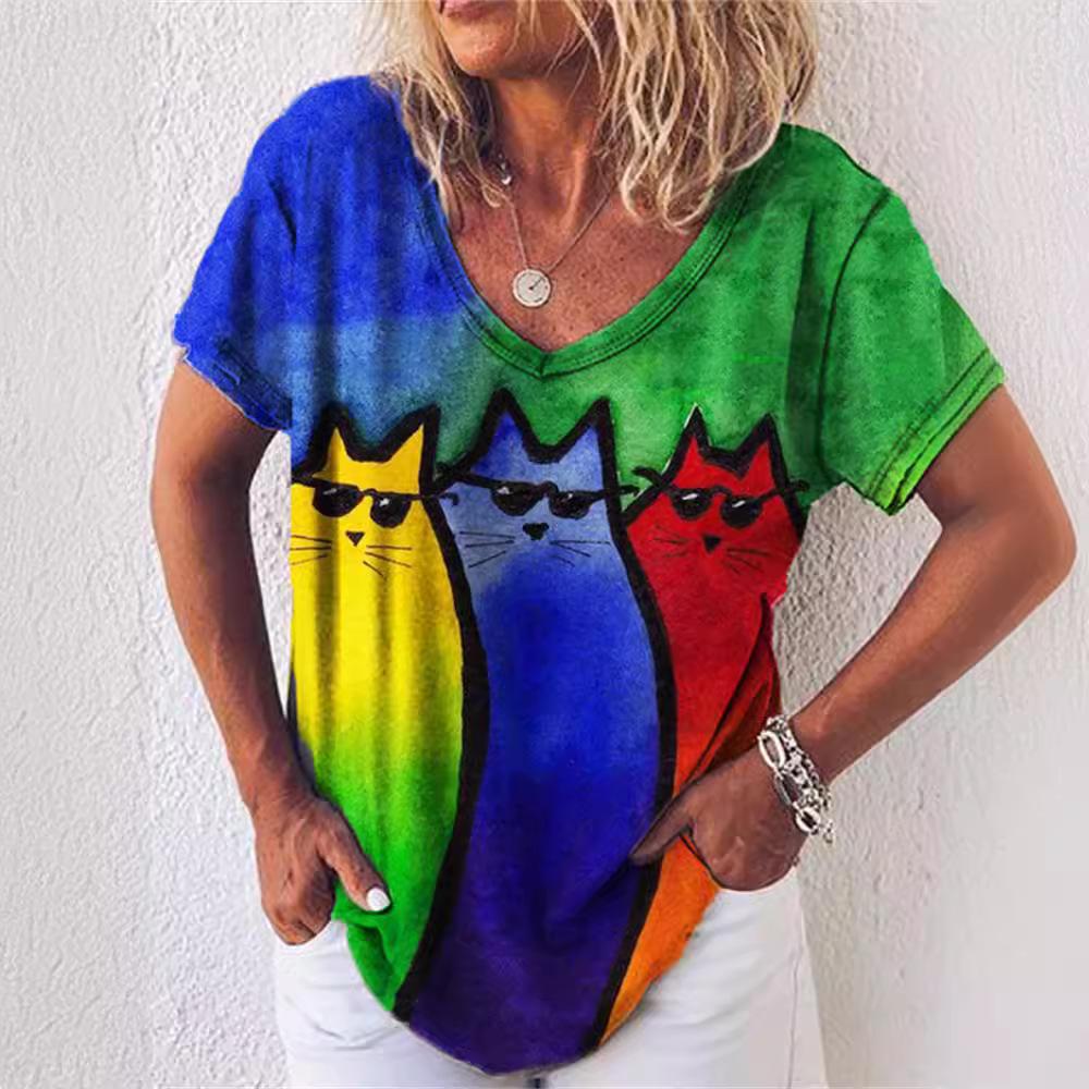 Women's Casual T-shirt Top New V-neck T-shirt Loose Short Sleeved 3D Digital Printed Cat Pattern T-shirt