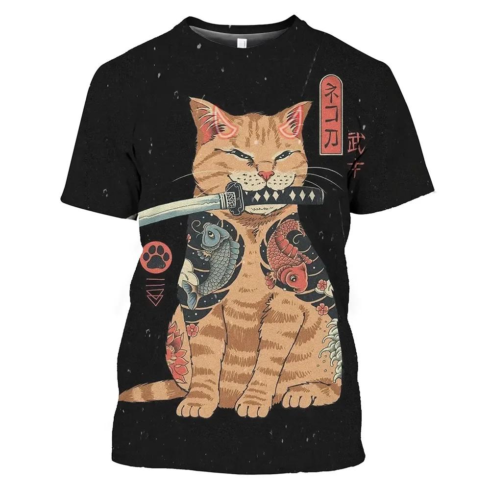 New Vintage T Shirt Men Japanese Style Short Sleeve Tops 3D Cat Tattoo Print O-neck T-shirts Oversized Tee Shirt Men Clothing