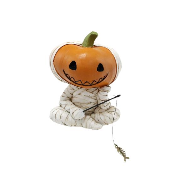 Fishing Pumpkin Man Figurine Resin Pumpkin Head Bandage Man Sculpture Angler Pumpkin