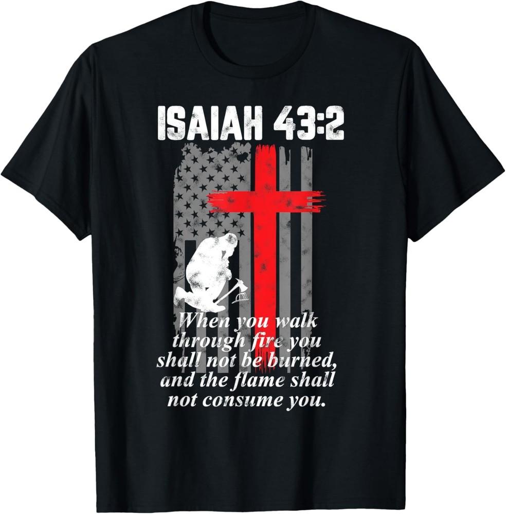 Футболка унисекс с красной линией, крестом пожарного, стихом из Библии и американским флагом XL