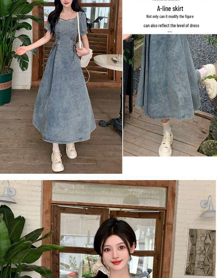Plus Size Denim Puff Sleeve Square Neck Summer Dress for Women
