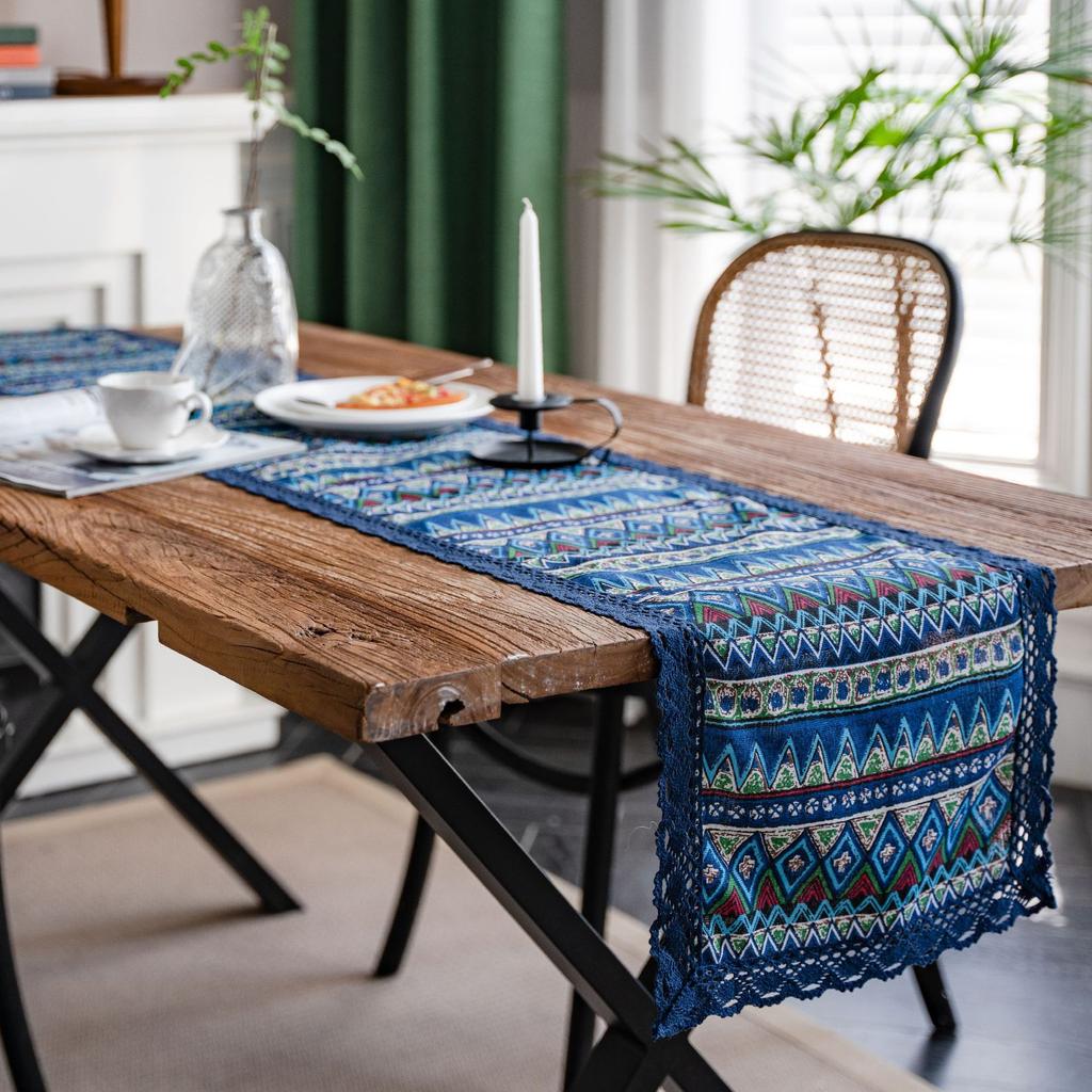 BEPAN Table Runner Printed Countryside Navy Blue Lace Blue and White Porcelain Table Tea Flag Dining Flag Long Strip