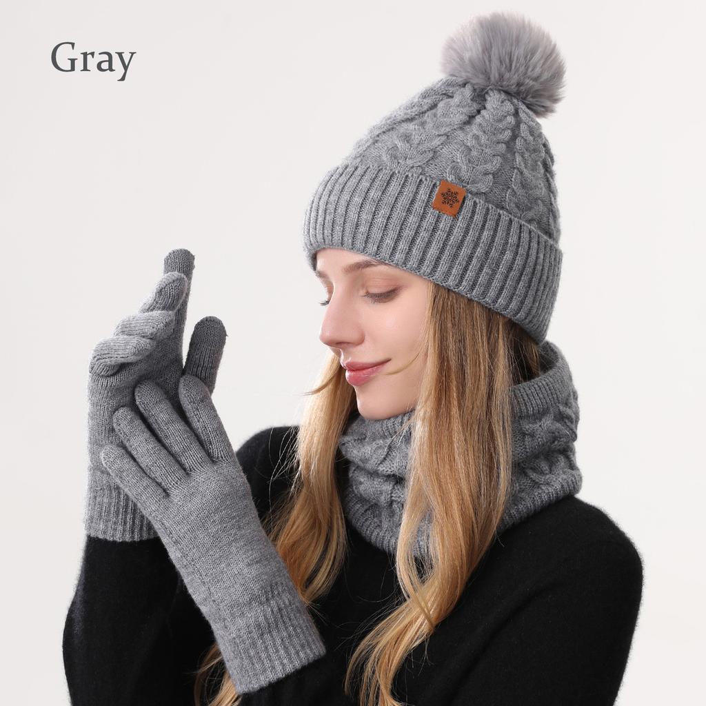 Classic Style Cold Weather Gloves Scarf Hat Three Piece Set for Winter Custom Logo Knit Beanie Ribbed Cuff Pom Pom Wool Blend