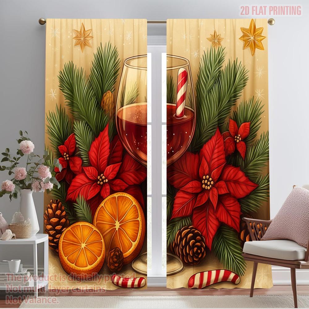 

2pcs,2D plane printing Popular Curtain Panels Christmas Cozy Wine Pinecone Poinsettia (4) Versatile Polyester (without rod) 52.50×116.00 CM 2pcs
