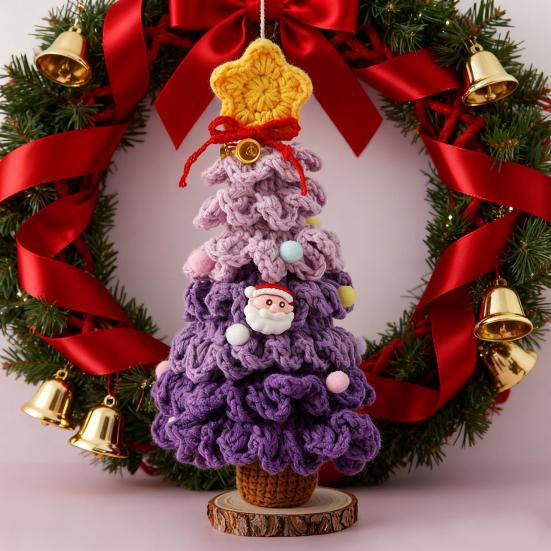 Yousheng Crochet Christmas Tree Small Handmade Multi-layered Knitting Xmas Tree with Woodgrain Base for Winter Tabletop Home Room Party Decor