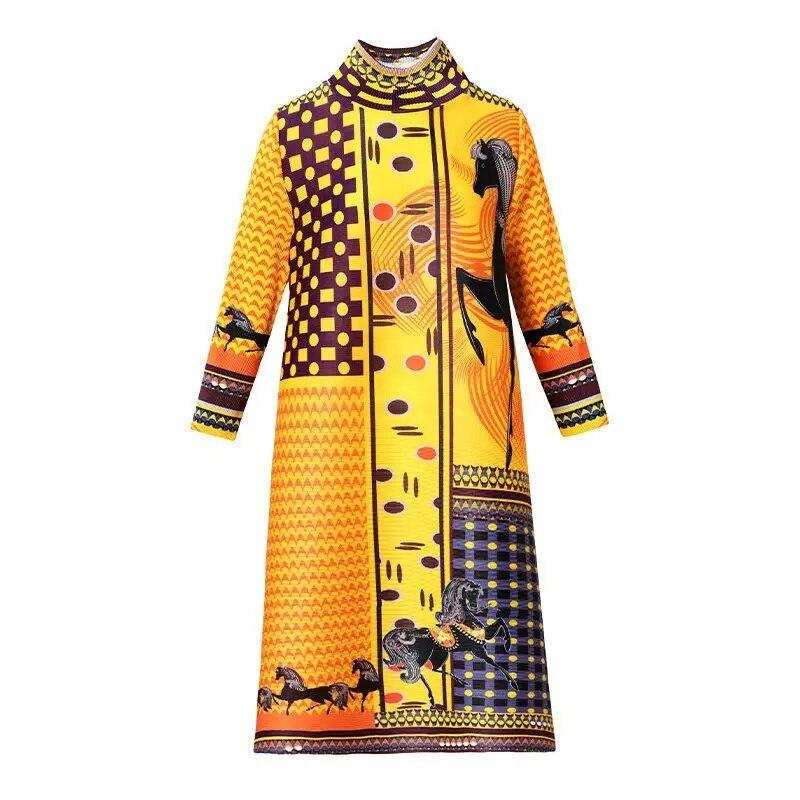 Stil etnic și occidental Rochie în formă de A pentru mamă de vârstă mijlocie Rochie plisată, retro, cu jumătate de gât, de primăvară