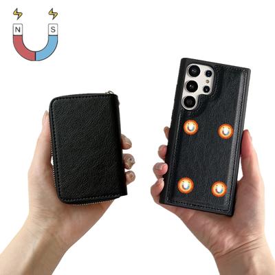 For Samsung Galaxy S25 Ultra Case Detachable Zipper Card Bag PU TPU Kickstand Phone Case with Strap