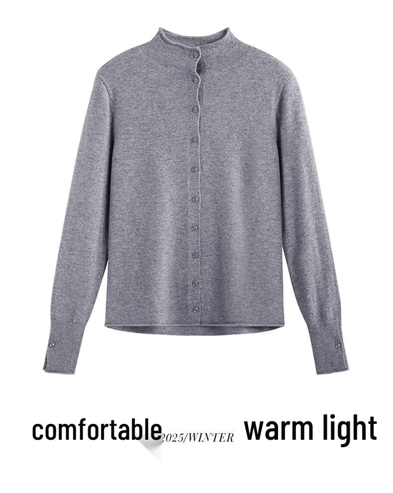 Women's Early Spring 2026 Wool Cardigan: Stand Collar, Long Sleeve, Slim Fit Knitwear