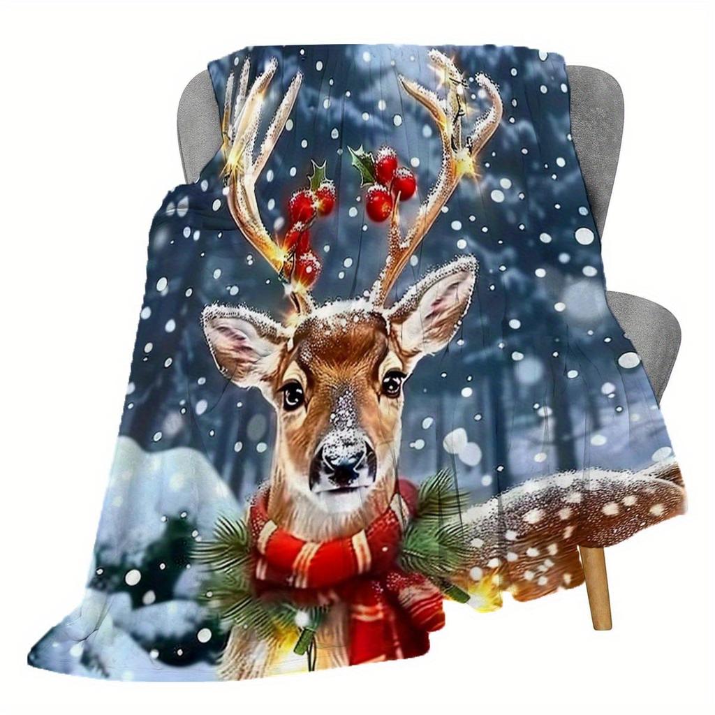 Joyful Gifting, Cozy Christmas Reindeer Print Flannel Throw Blanket - Soft, Durable & Versatile for Couch, Bed, Office Decor