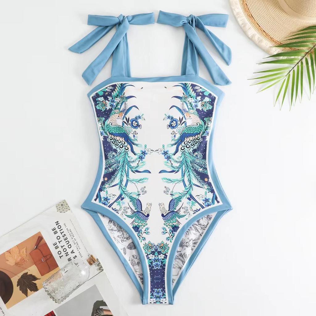 New Double-Sided European & American Chiffon Print Swimsuit Set: Women's One-Piece with Conservative Wrap Skirt