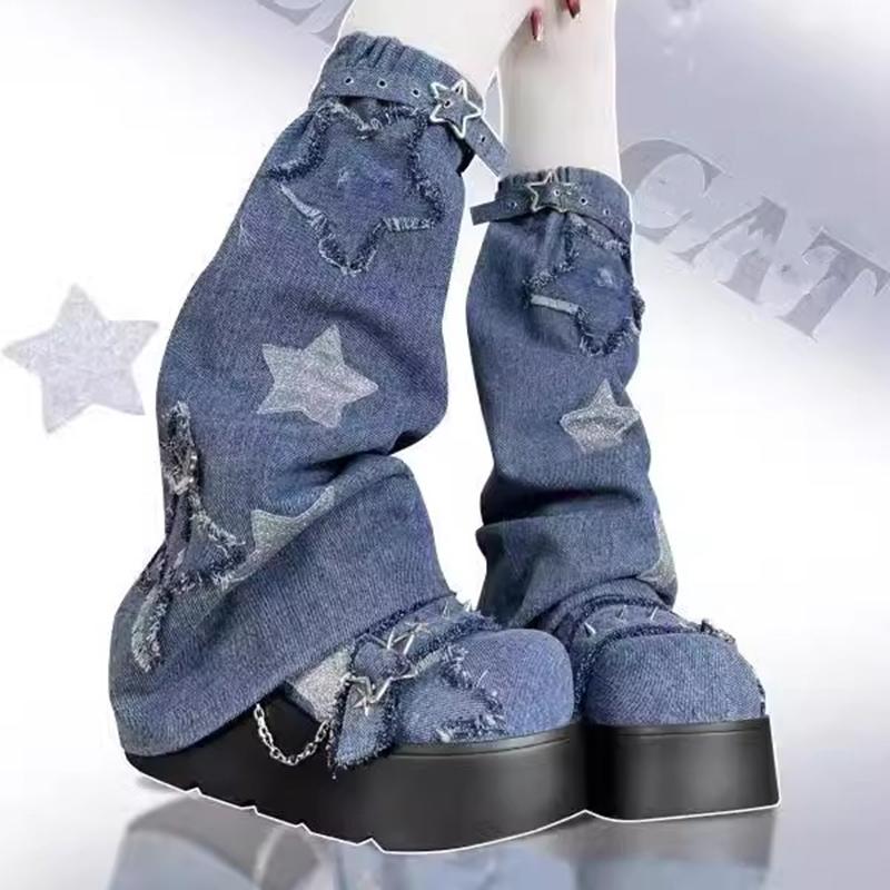 Punk Metallkjede Chunky Platå Ankelstøvletter Dame Vinter Y2K Tykk Såle Denimstøvletter Kvinne Svarte Goth Lolita Sko