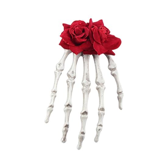 Skeleton Hand Hair Clip Gothic Barrette with Faux Roses Punk Style Hair Accessories for Halloween Themed Party Dress-up