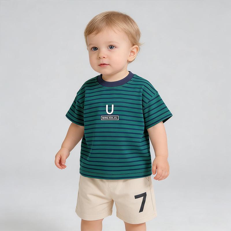 

Boys short sleeved set summer Boys baby fashion striped T-shirt+casual shorts two-piece set Children s high-quality clothes S синій