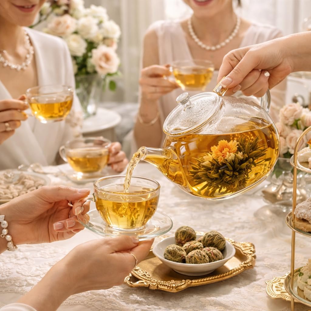 Sancha Tea Boutique, Dragon Lily Blooming Flower Tea, 5 Hand-Sewn Blooms, Ornamental Green & Jasmine, Imported from China