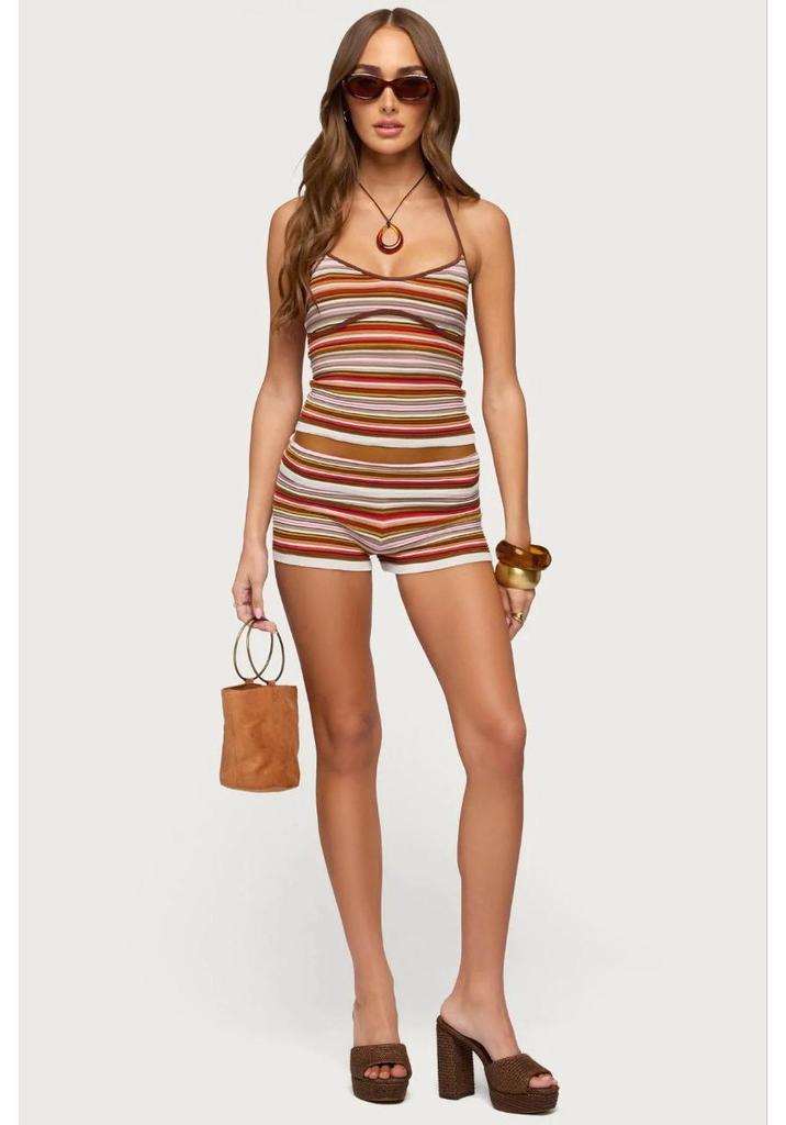 Women's Summer Color Block Stripe Spaghetti Strap Slim Fit Shorts Set