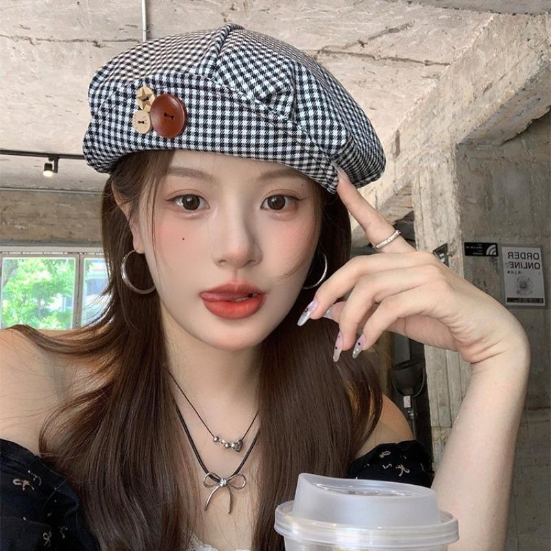 Autumn new niche button plaid beret female face small cloud painter hat trendy high sense