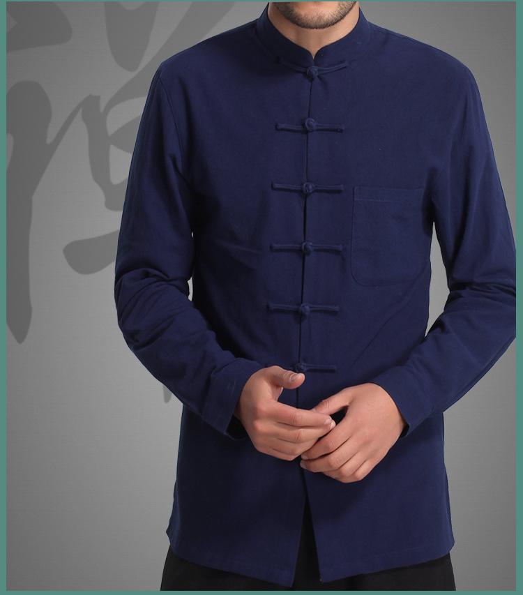 Ethnic Style Men's Retro Tang Suit Shirt - Pure Cotton, Frog Button, Stand Collar