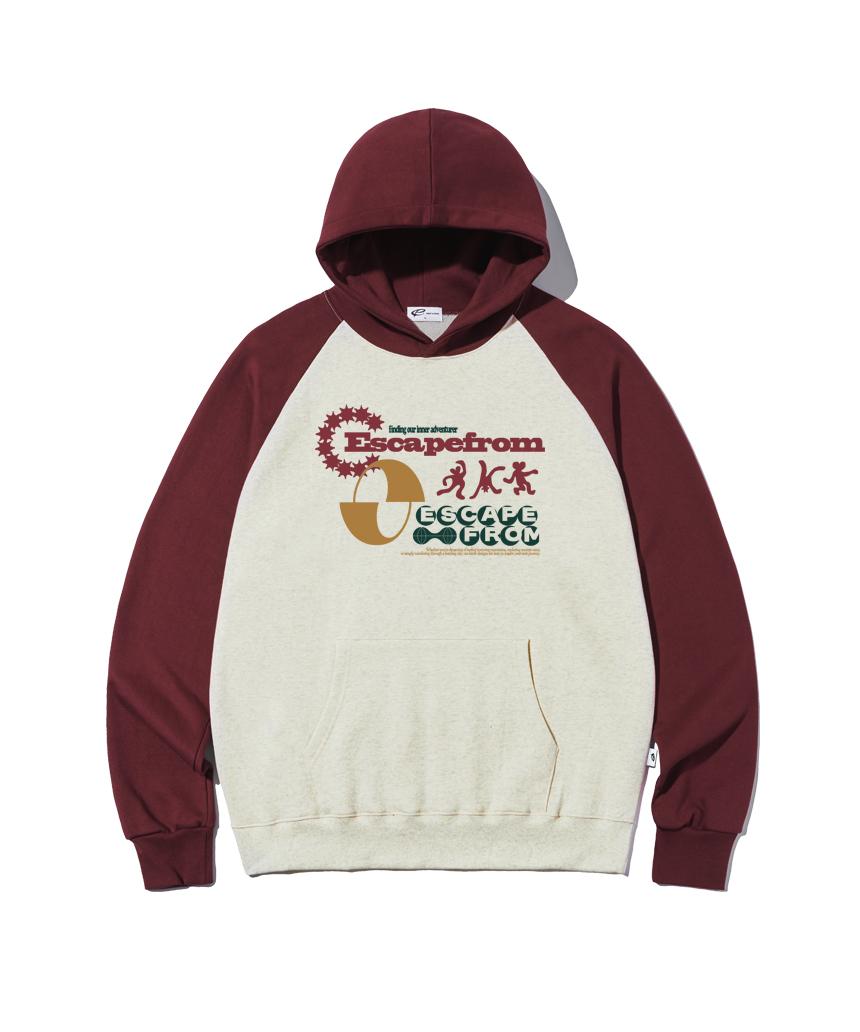 Escape From Adventure People Print Raglan Color Block Hoodie Oatmeal L