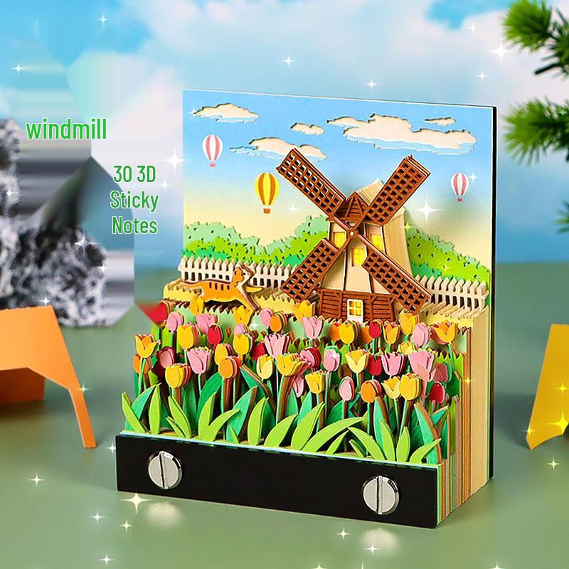 3D Windmill Pastoral Paper Carving Sticky Notes - Creative Floral Cabin Souvenir Ornament 9x8x4.3 cm