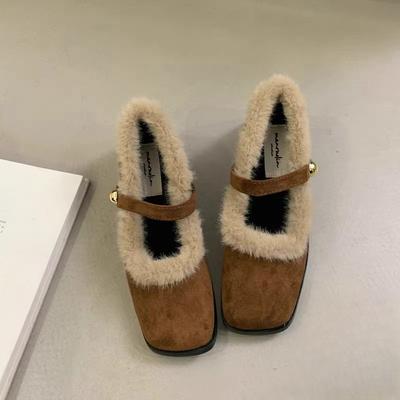 Mode Mary Jane Schuhe Damen Winter 2025 Neu Vielseitig Französischer Blockabsatz Fuzzy Schuhe Plus Fleecefutter Absatzschuhe
