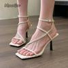 Elegant High Heel Women's Dress Shoes PU Leather Thin Buckle Strap Square Toe Sandals Spring Summer Comfortable Sandalias Mujer