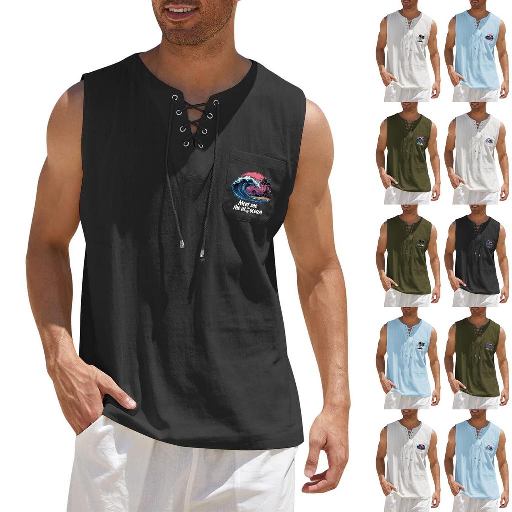 Men's Hawaiian Print Tank Top, Loose Fit Sleeveless Shirt with Adjustable Tie, Casual Beach Summer Top