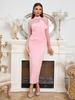Elegant European & American Style Round Neck Mesh Long Sleeve Bodycon Dress