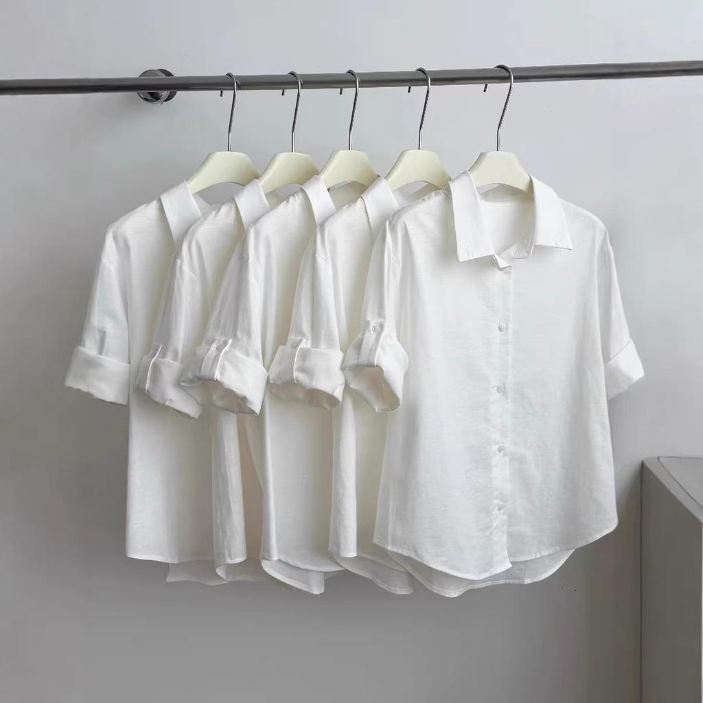 White linen shirt front shoulder short sleeve women's summer casual temperament old money cotton and linen shirt French petty top
