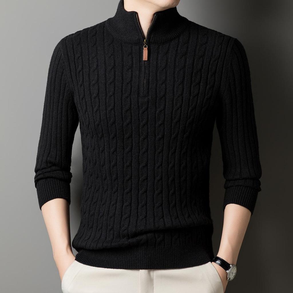 2024 Winter Men's Wool Sweater: Solid Color Jacquard Knit, Warm Thickened Half-Zip