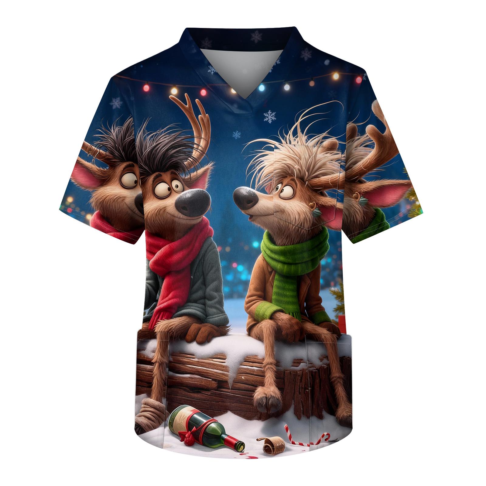 

Men s Printing Short Sleeve V-neck Working Blouse Chest Pocket Carer Top XL