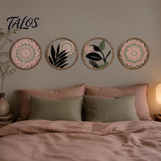 Decorative Wall Art for Bedroom 4Pcs Boho Decor, Floral Round Wooden Geometric Rustic Botanical Art, Farmhouse Aesthetic Hanging Ornaments Living Room