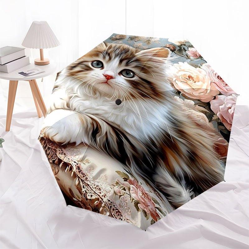 Floral Pillow with Cute Kitten Design-Soft and Comfortable Home DecorUmbrella with Cute Design,Portable 3-Fold Compact Umbrella for Men&Wome