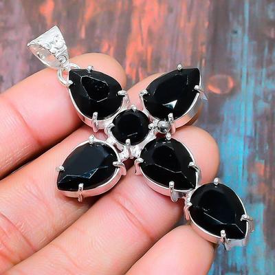 Colgante de joyería de regalo hecho a mano de Plata de Ley 925 con piedras preciosas de espinela negra cruzada para Acción de Gracias