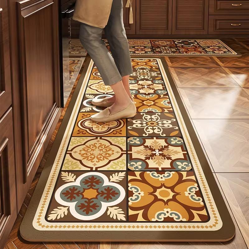 Carpet for Kithen Floor Mat PVC Leather Waterproof Non-Slip Oil-proof Carpet Retro Floral Rug Long Strip Rugs Alfombra De Cocina