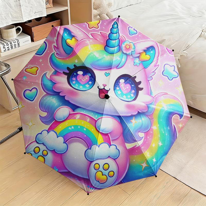1pc Cartoon cute fantasy unicorn Umbrella Portable Folding Umbrella Iron Frame Hole Bone Structure Outdoor Home Umbrella