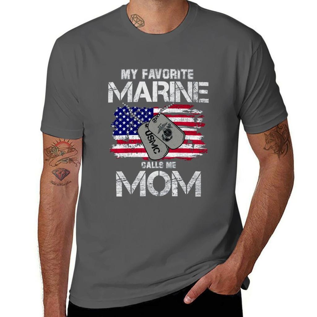 Marine Mom Gift My Favorite Marine Calls Me Mom Military Mother Tshirt Basic Solid Color Casual Tee Shirt