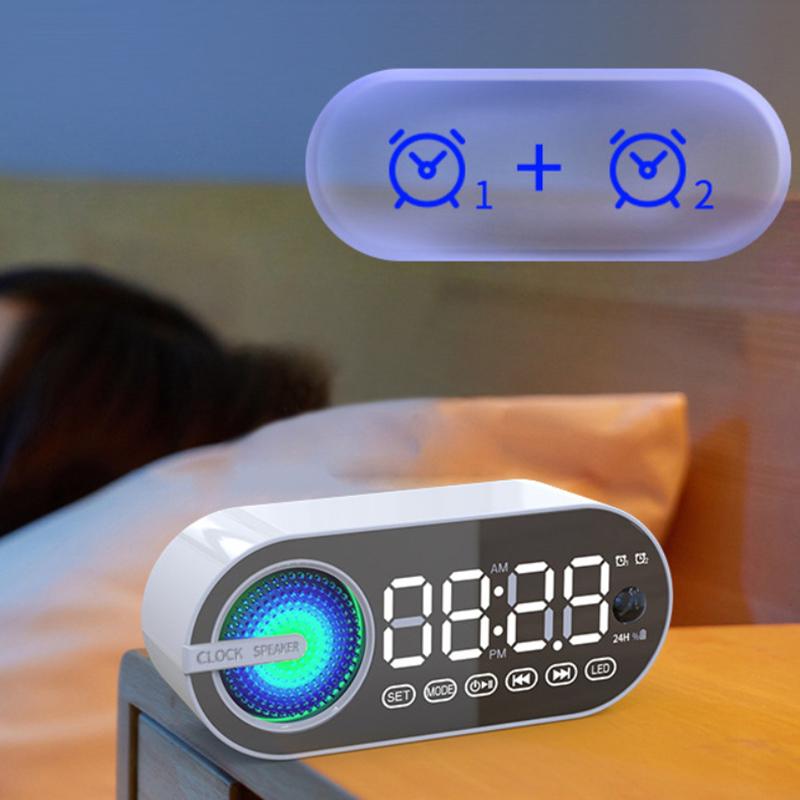 Digital Vekkerklokke Bluetooth 5.0 Høyttaler LED-skjerm Speil Bordvekkerklokke Med FM-radio Støtte TF-kortavspilling Håndfri samtale