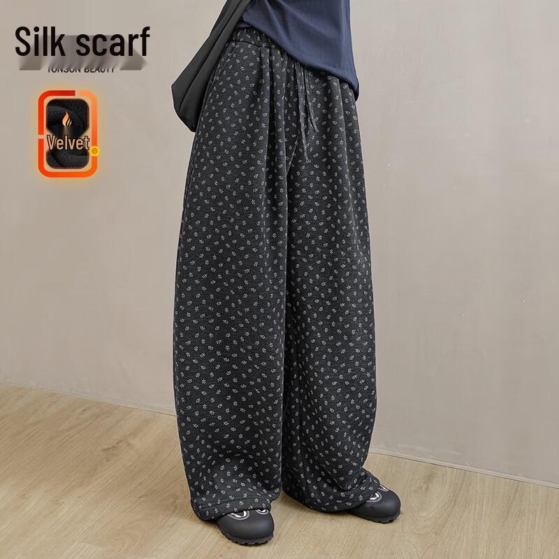 

Women s Fleece-Lined Floral Wide-Leg Casual Pants M