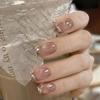 10 Pcs High End White Moonlight French Cat Eye Handmade Fake Nails Shiny Short Lightweight Nail Patches For Women