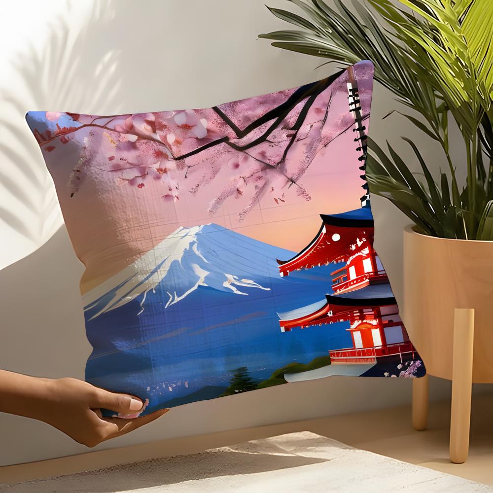 Retro Japanese Pagoda Landscape 4 Pillow Case Linen Cushion Covers For Decorative Sofa Home Pillows Case Car Chair Pillows Cases