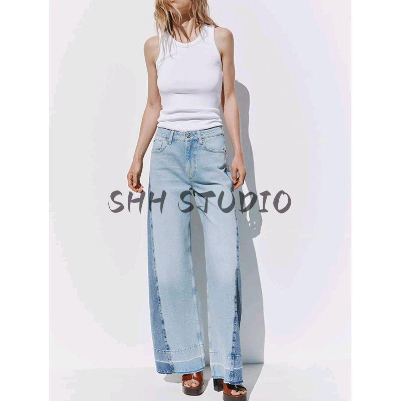 Spring New Women's Clothing Minimalist Washing Effect Patchwork Cotton High Waist Wide Leg Denim 6164075