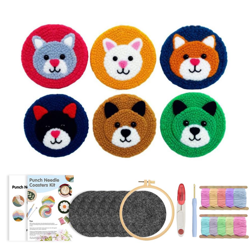 Punch Needle Coaster Kit 6Pcs Animal Frog Punch Needle Embroidery Kits for Beginners Art Work Decor Coasters Kit