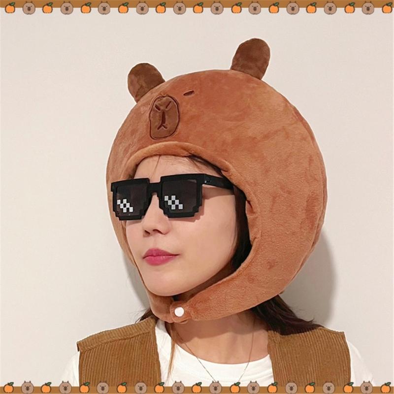 Plush 3D Capybara Hat for Family Gathering Kids Adult Lovely Cartoon Animal Plush Hat Breathable Festival Party Headgear