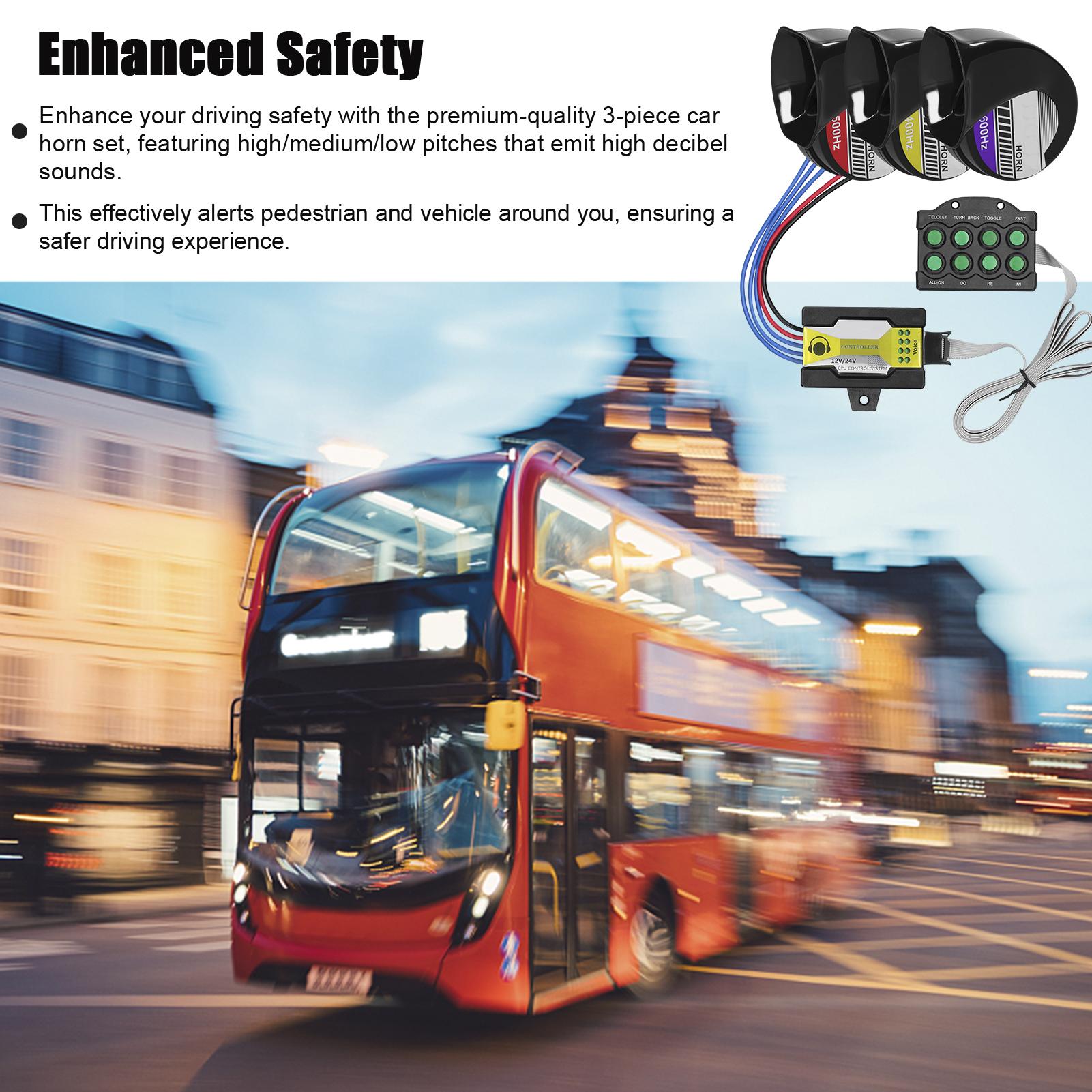 

3 Piece Loud Car Horn Set High Mid Low Pitch Electric Snail Horn Waterproof with 8 Sounds Horn Controller for 12 24V разноцветный