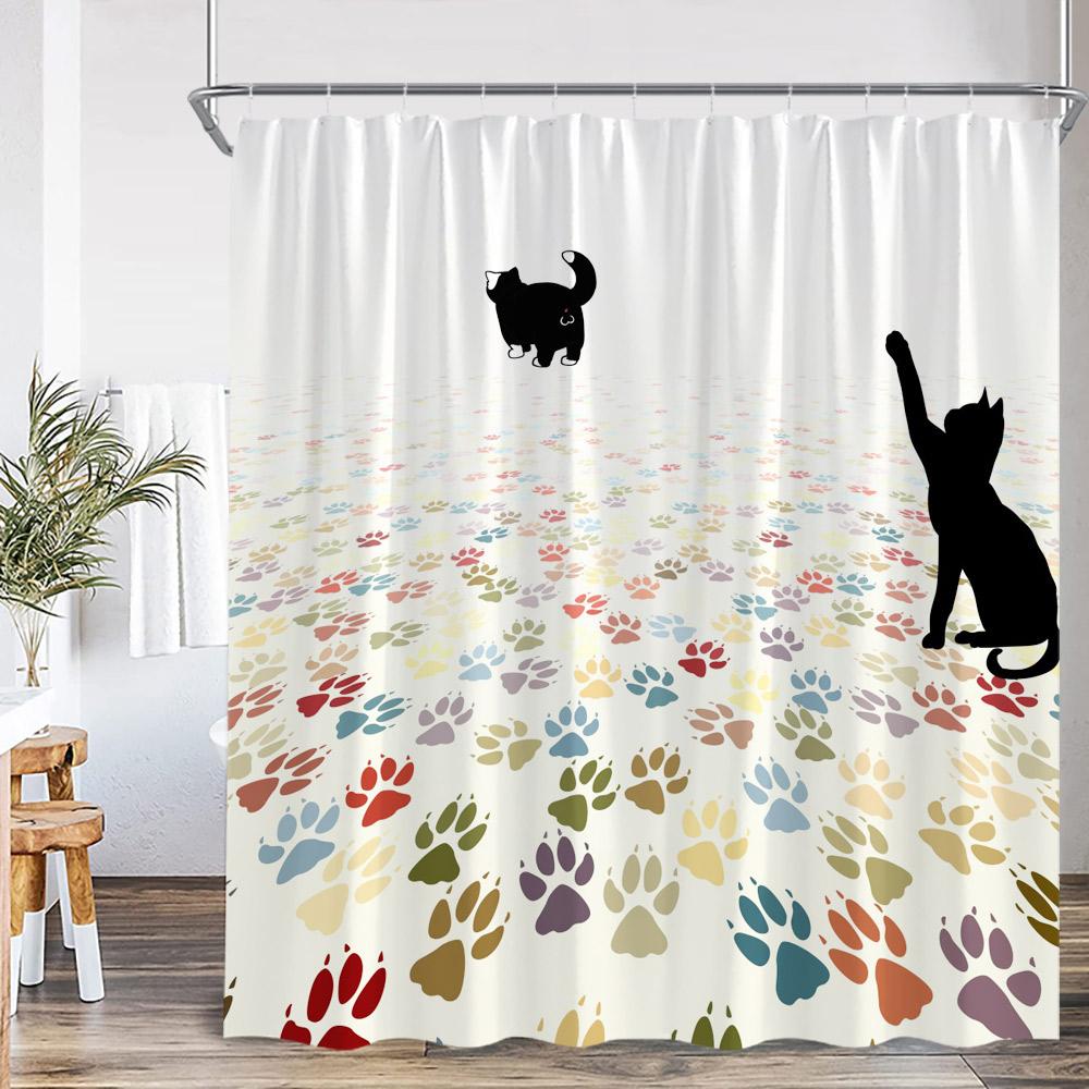 Cat Shower Curtain Cartoon Animal Potted Plant Greenery Black Cat Abstract Nordic Bathroom Decor Minimalist Bathtub Curtain