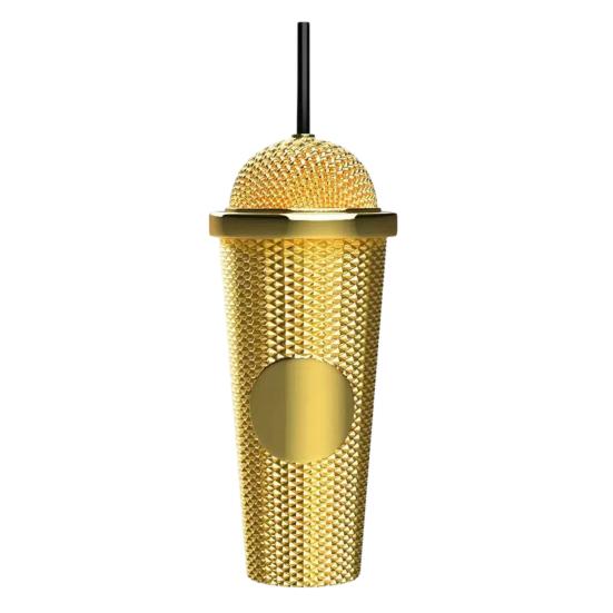 Nostalgie Diamond Pattern Tumbler with Straw, Milkshake Sippy Cup, Textured Cold Drink Cup for Iced Coffee, Reusable Plastic Water Bottle Home Office, золотистый