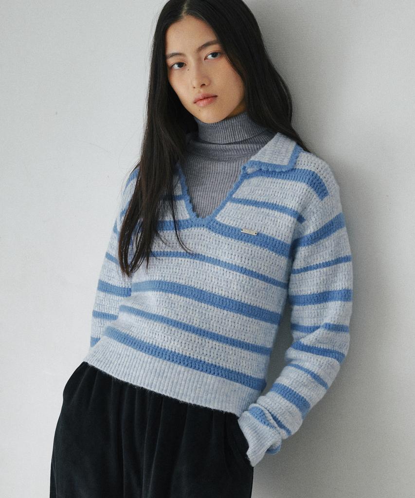 BELLOL Striped Open Collar Slim Fit Long Sleeve Knit Blue