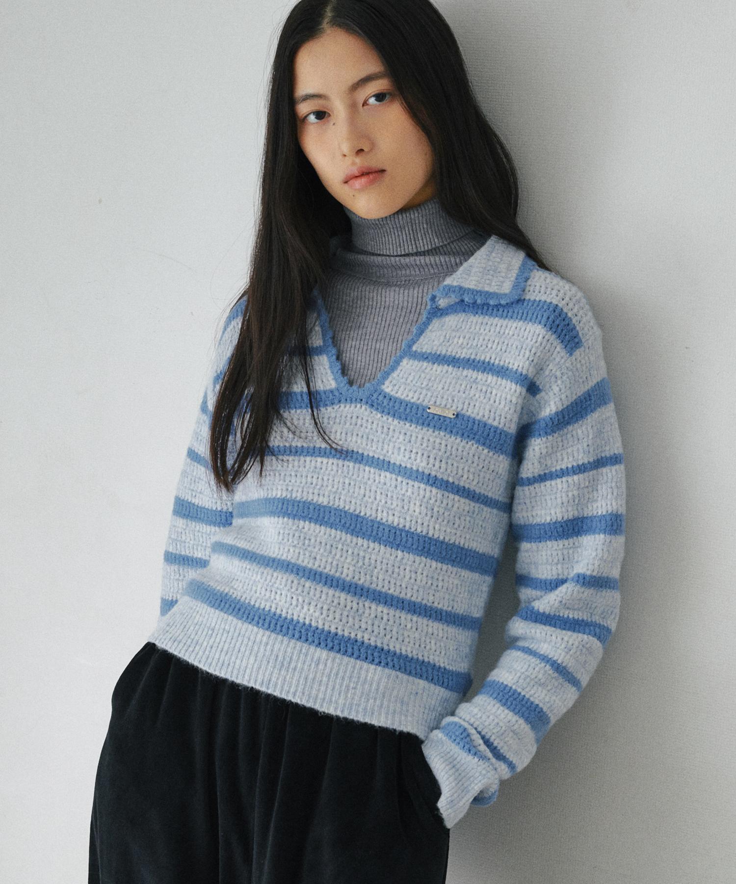 Belloel Striped Open Collar Slim Fit Long Sleeve Knit Blue