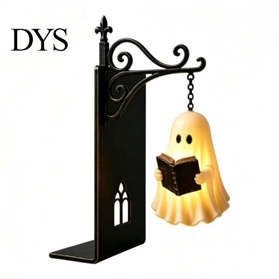 Luminous Pendant Desk Lamp Gothic Metal Bookends with Hanging Light, Cat Raven Ghost Decorative Retro Wrought Iron Book Ends Bookshelf Lamp,