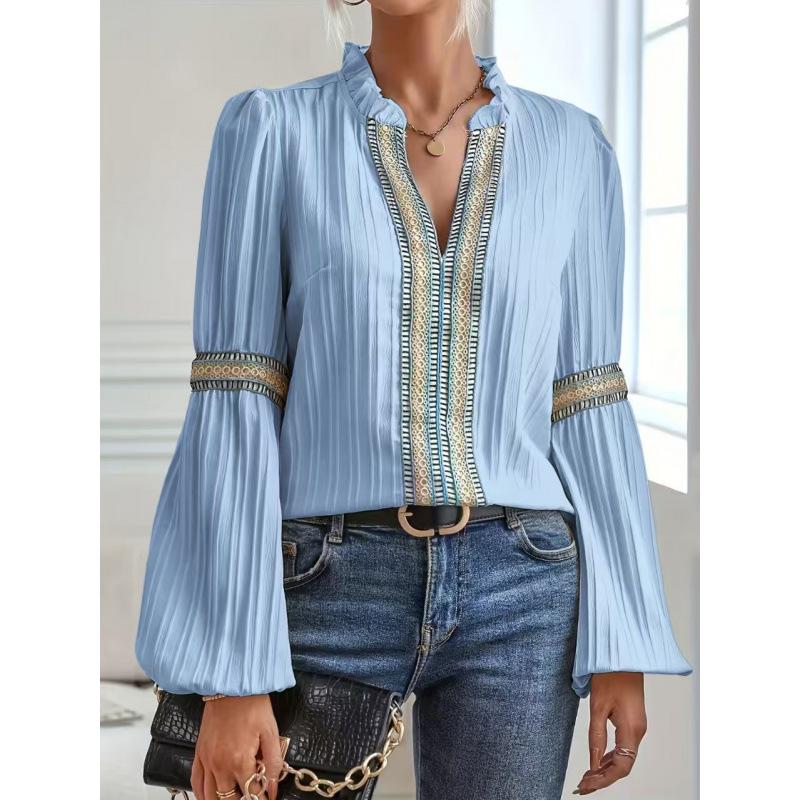 2025 European Solid Color Lace Trim Lantern Sleeve V-Neck Women s Shirt M синий
